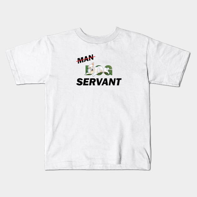 Dog Man Servant - white Golden retriever oil painting word art Kids T-Shirt by DawnDesignsWordArt